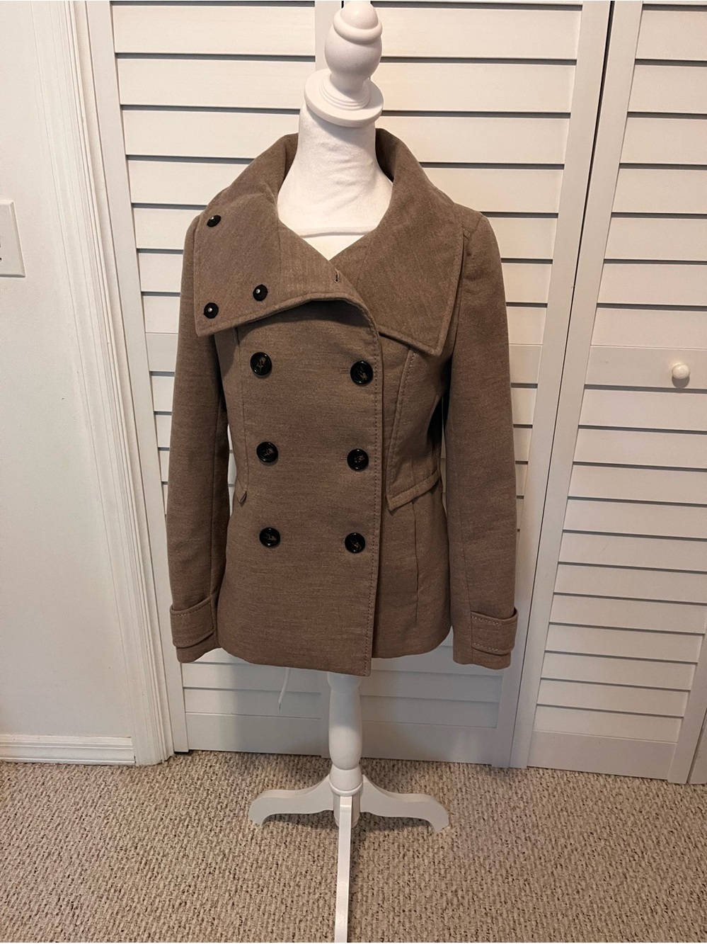 H&M Women's Double Breasted Pea Coat Jacket Size 6 Taupe Brown Wool Blend Fall